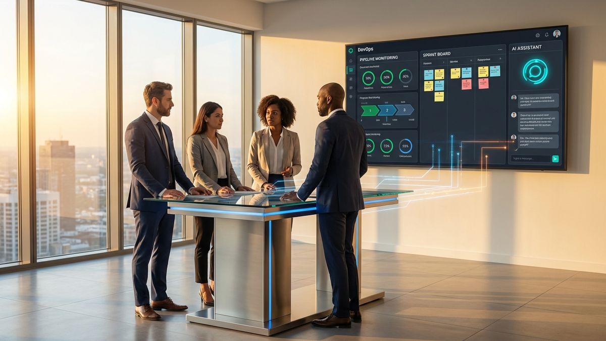 SprintView dashboard showing pipeline monitoring and AI chat in a modern office